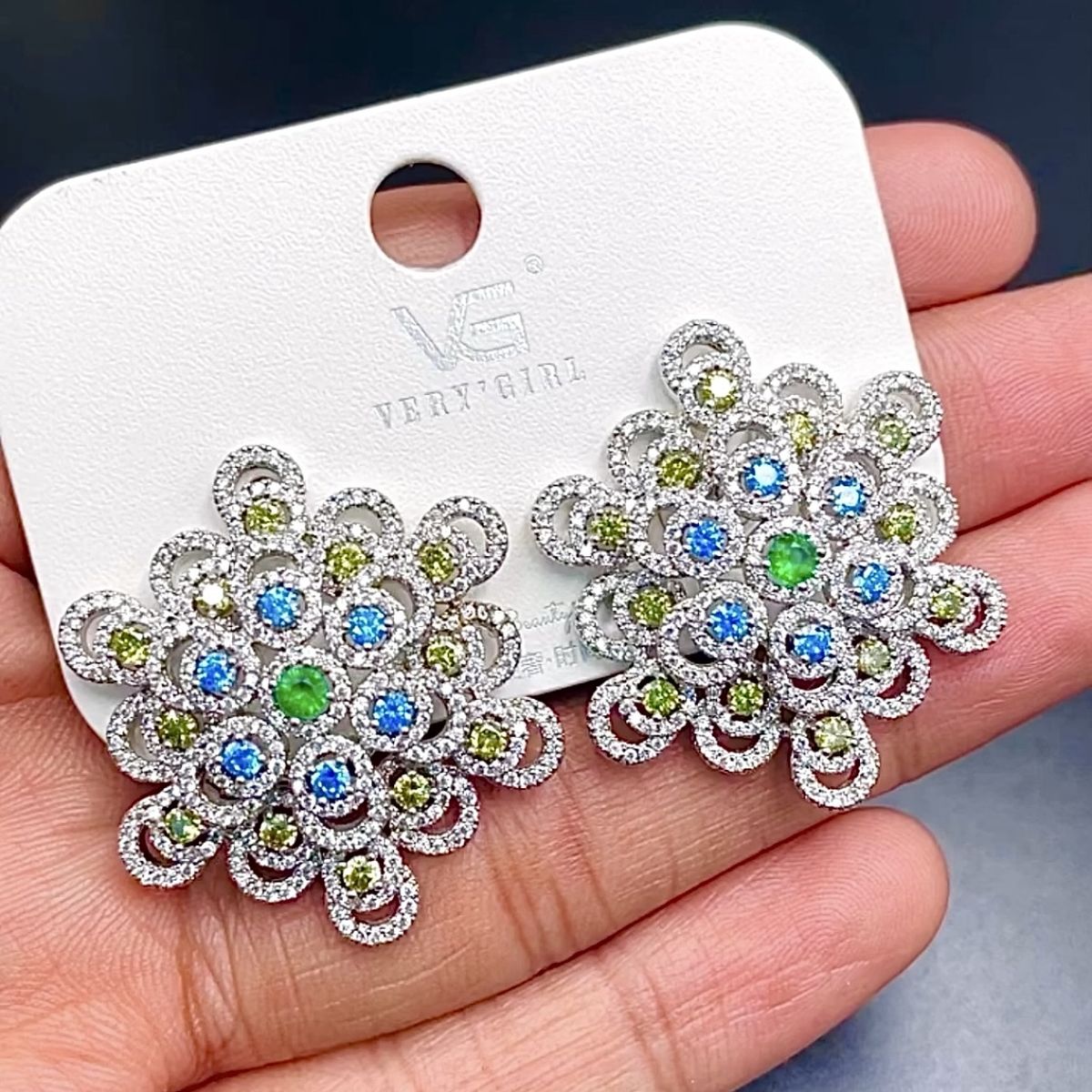 Flower Silver Multi Cubic Zirconia Crystal Anti Tarnish Stud Earring For Women