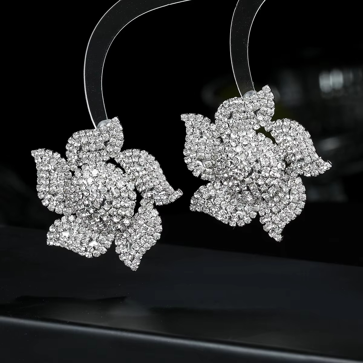 Flower Silver Cubic Zirconia Rhinestone Stud Earring For Women