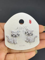 Multi Color Cat Gold Silver Cubic Zirconia Copper Stud Earrings Women
