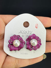 Multi Color Floral Pearl Gold Silver Cubic Zirconia Copper Stud Earrings