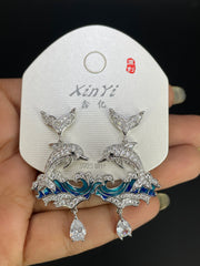 Green Blue Dolphin Wave Gold Silver Cubic Zirconia Copper Drop Earrings