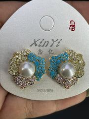 Multi Color Floral Pearl Gold Silver Cubic Zirconia Copper Stud Earrings
