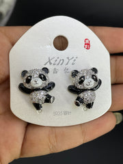 Black Panda Gold Silver Cubic Zirconia Copper Stud Earrings