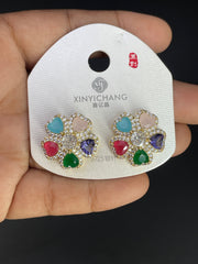 Multi Color Flower Gold Silver Cubic Zirconia Copper Stud Earrings