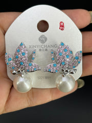 Multi Color Flower Pearl Gold Silver Cubic Zirconia Copper Stud Earrings