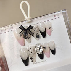 Ribbon Bow Lock Star Cubic Zirconia Black White Finger Nail Pack Of 10 For Women
