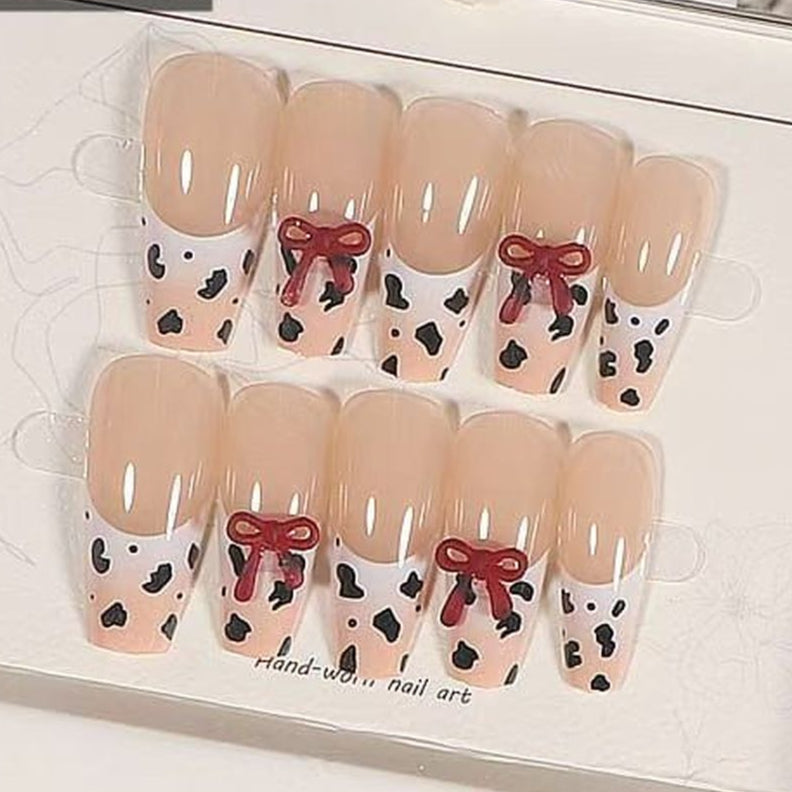 Ribbon Bow Beige White Finger Nail Pack Of 10 For Women