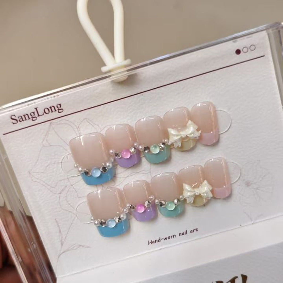 Ribbon Bow Cubic Zirconia Beige Blue Finger Nail Pack Of 10 For Women