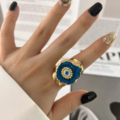 Evil Eye Multicolour Enamel 18K Gold Adjustable Ring For Women