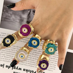 Evil Eye Multicolour Enamel 18K Gold Adjustable Ring For Women