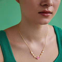 Pink Center Stone & Teardrop Rose Silver Gold Plated Brass Necklace