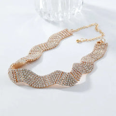 Wave 18K Gold Silver Crystal Rhinestone Adjustable Choker Necklace For Women