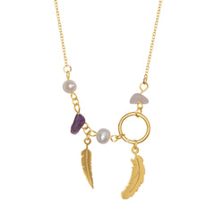 Feather Charm Pearl 18K Gold Stainless Steel Anti Tarnish Multicolor Necklace Chain For Women