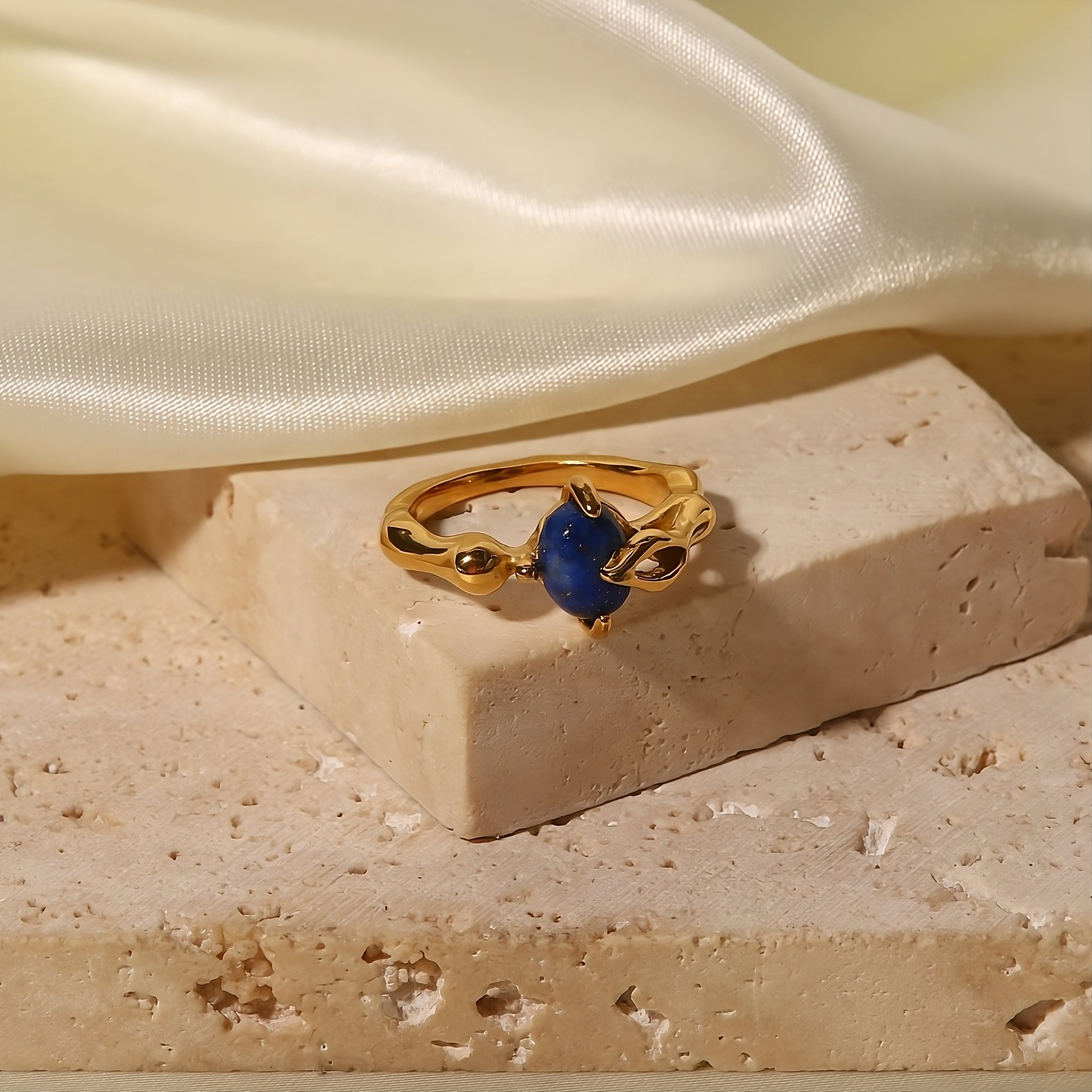 Lapis Stone Blue 18K Gold Stainless Steel Anti Tarnish Ring For
