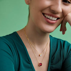 Emerald Cut Layered Ruby Red Rose Silver Gold CZ Brass Pendant Chain