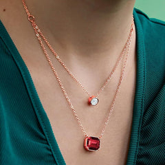 Emerald Cut Layered Ruby Red Rose Silver Gold CZ Brass Pendant Chain