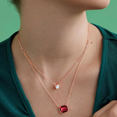 Emerald Cut Layered Ruby Red Rose Silver Gold CZ Brass Pendant Chain