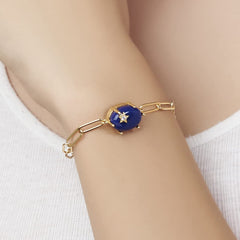 Round Blue with Star Rose Silver Yellow Gold Plated CZ Brass Bracelet