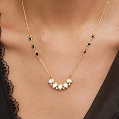 Teardrop Cluster Black Beads Rose Silver Gold Plated CZ Brass Necklace