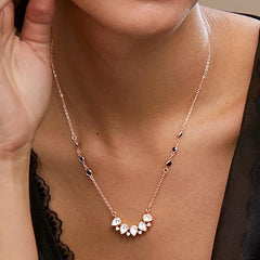 Teardrop Cluster Black Beads Rose Silver Gold Plated CZ Brass Necklace