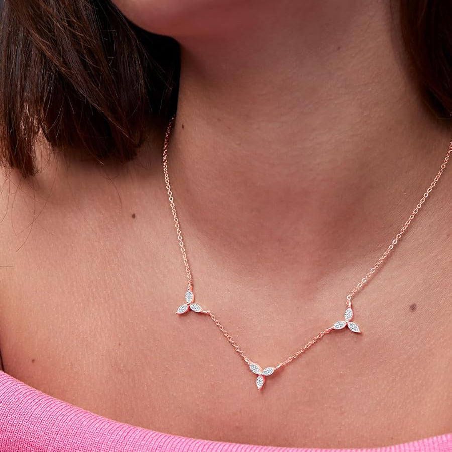 Delicate Floral Leaf Rose Silver Gold CZ Anti Tarnish Brass Necklace