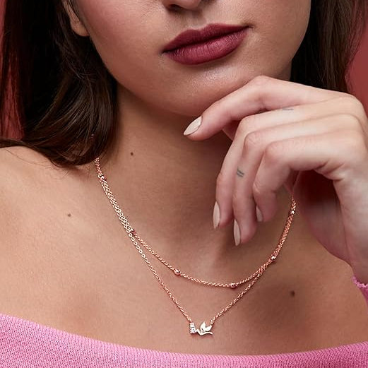 Delicate Layered Chain Bird Charm Rose Silver Gold CZ Brass Necklace