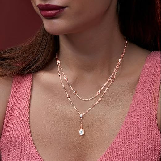 Delicate Two-Layer Rose Silver Gold CZ Anti Tarnish Brass Necklace