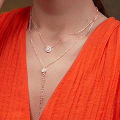 Layered Lariat Chain Rose Silver Gold CZ Anti Tarnish Brass Necklace