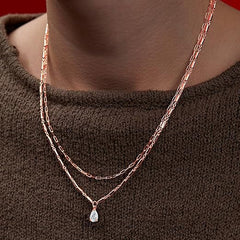 Layered Chain Teardrop Charm Rose Silver Gold Plated CZ Brass Necklace