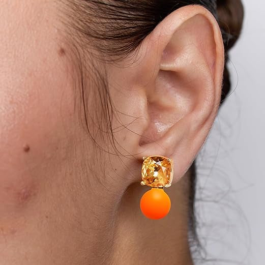 Cushion Cut Orange Pearl Rose Silver Gold Plated CZ Brass Hoop Earrings