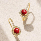 Red Coral Stone Rose Silver Gold CZ Anti Tarnish Brass Hoop Earrings