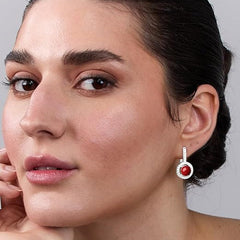 Red Coral Stone Rose Silver Gold CZ Anti Tarnish Brass Hoop Earrings