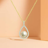 Pearl Teardrop Frame Rose Silver Gold CZ Anti Tarnish Brass Necklace