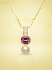 Elegant Dual Charm Rose Silver Gold CZ Pearl Anti Tarnish Brass Necklace