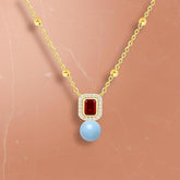 Square Halo Design Blue Pearl Rose Silver Gold Plated CZ Brass Necklace