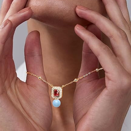 Square Halo Design Blue Pearl Rose Silver Gold Plated CZ Brass Necklace