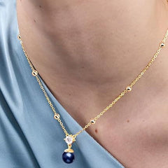 Designer Dark Blue Pearl Rose Silver Gold CZ Anti Tarnish Brass Necklace