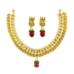 Red Temple Antique 22K Gold Plated Traditional Necklace Earring Set
