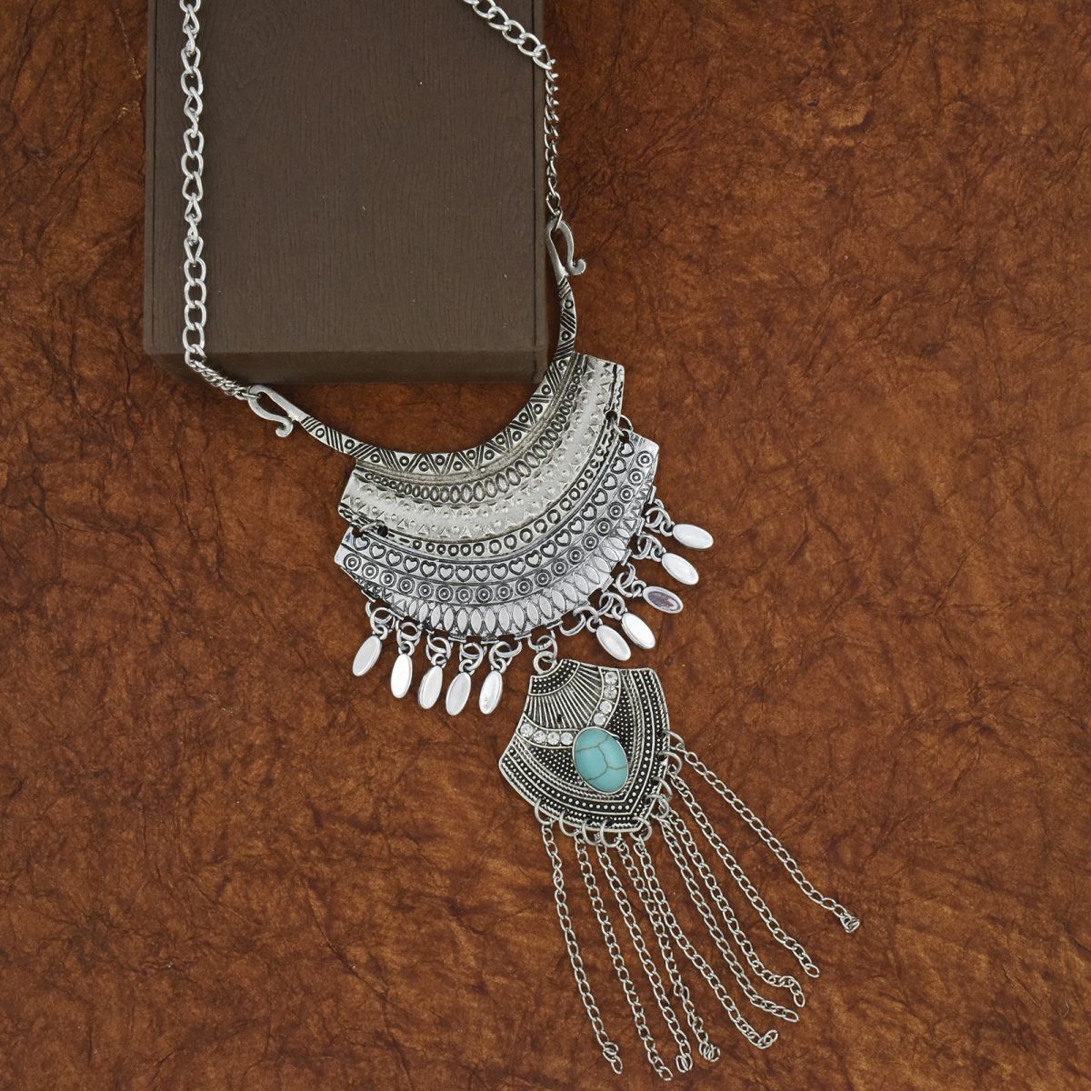 Tribal Bohemian Afghani Statement Crystal Oxidized Silver Necklace