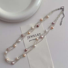 Dual Layer Pearl Silver Anti Tarnish Layer Necklace For Women