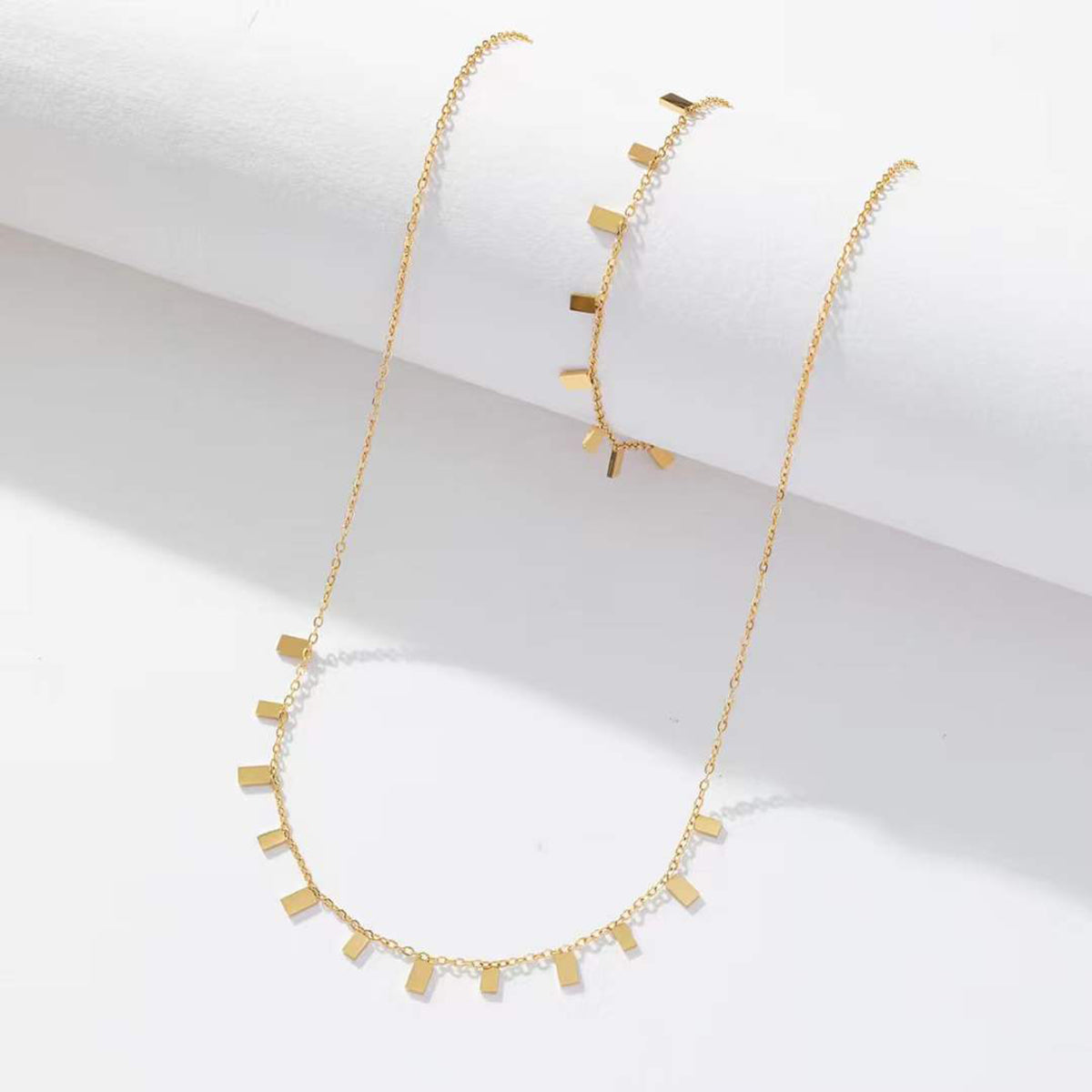 Rectangle 18K Gold Anti Tarnish Stainless Steel Necklace Bracelet Set For Women