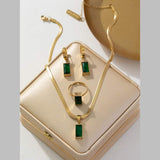 Rectangle Emerald Green Crystal 18K Gold Anti Tarnish Stainless Steel Snake Chain Necklace Earring Ring Set For Women