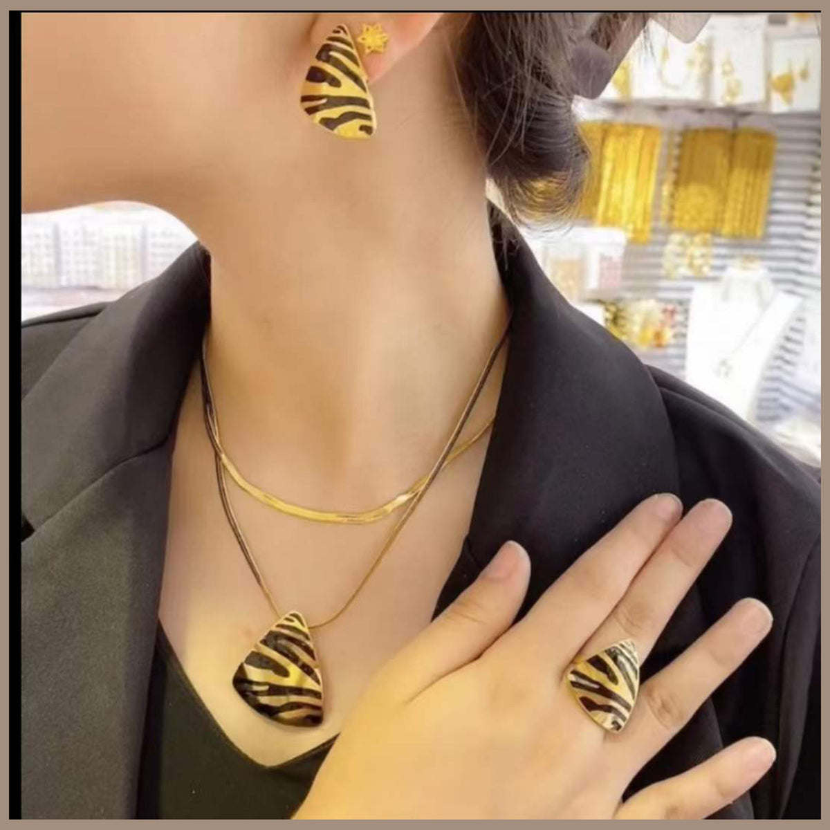 Triangle Black Enamel 18K Gold Anti Tarnish Stainless Steel Snake Chain Necklace Earring Ring Set For Women