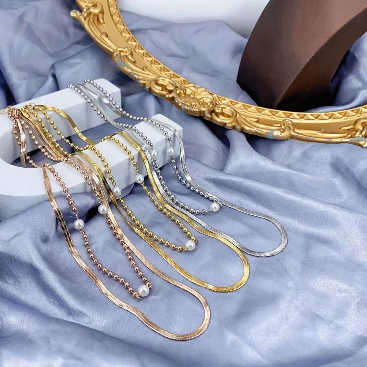 Dual Layer Ball Pearl Silver Anti Tarnish Stainless Steel Snake Chain Necklace For Women