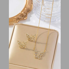 Baguette Butterfly 18K Gold Cubic Zirconia Anti Tarnish Pendant Chain Earring Set For Women