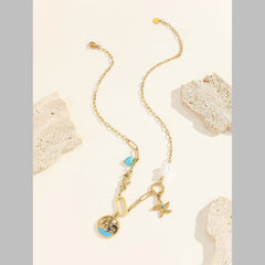 Palm Tree Star Fish Pearl Enamel Green 18K Gold Stainless Steel Anti Tarnish Charm Necklace For Women