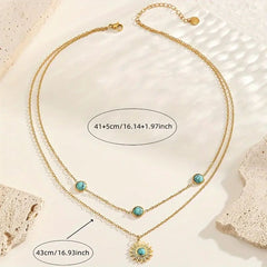 Sun Turquoise Beads Green 18K Gold Stainless Steel Anti Tarnish Dual Layer Link Chain Necklace For Women