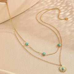 Sun Turquoise Beads Green 18K Gold Stainless Steel Anti Tarnish Dual Layer Link Chain Necklace For Women