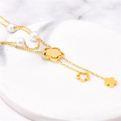 Clover Flower Pearl Mother Of Pearl White 18K Gold Stainless Steel Anti Tarnish Dual Layer Link Chain Necklace For Women