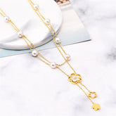 Clover Flower Pearl Mother Of Pearl White 18K Gold Stainless Steel Anti Tarnish Dual Layer Link Chain Necklace For Women